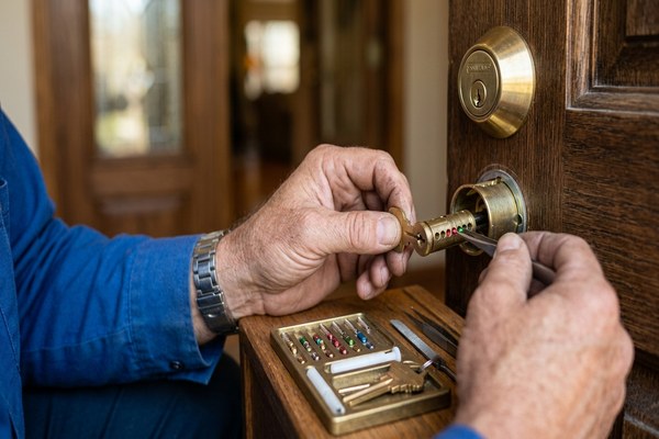 Locksmith rekeying residential lock cylinder in Foster City